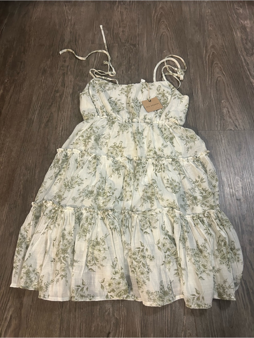Blu Pepper Girls Floral Tiered Sundress - Soft Cream with Sage Green